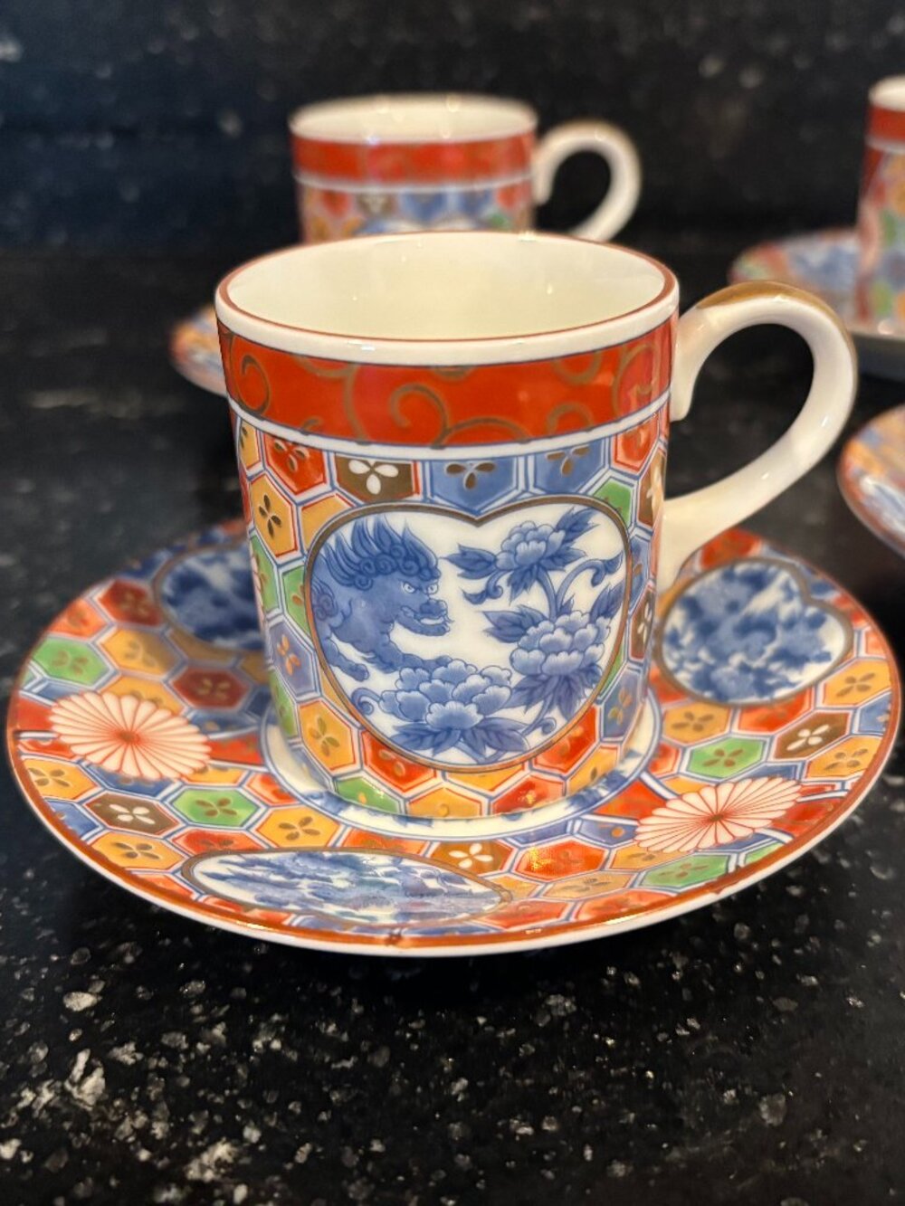 Vintage Japan Porcelain Hand Painted Dragon Espresso Cups & Saucers—Set of 4
